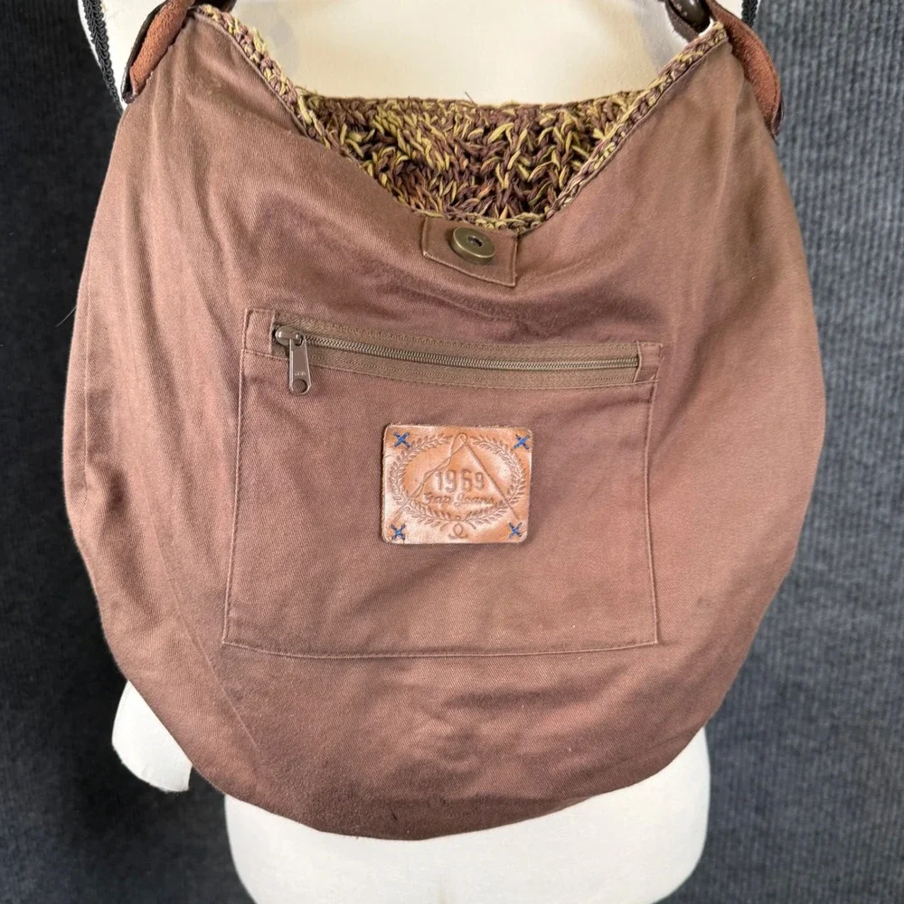 Vintage GAP 2001 Woven Raffia Hobo Bag Brown Leather Strap Textured Boho Earthy